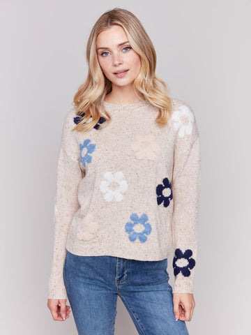 Embroidered Flowers Plushy Crew Neck Sweater