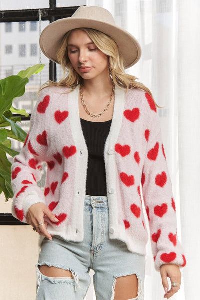 LOVELY HEART FUZZY SWEATER CARDIGAN- LESW3423: RED/IVORY / S-M-L(2-2-2)