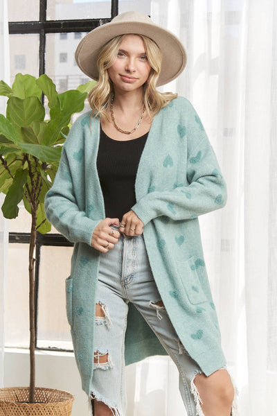 LESW3433-LOVELY HEART SWEATER CARDIGAN: VINTAGE SAGE