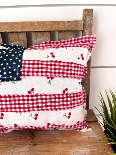 4th of July American Flag Primitive Pillow |Cherries