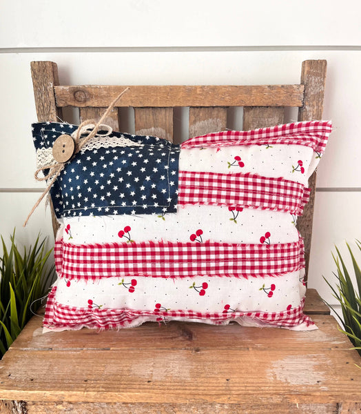 4th of July American Flag Primitive Pillow |Cherries