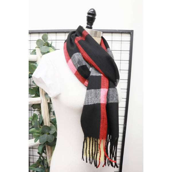 Plaid Cashmere Scarf With Tassel: BLACK / ONE