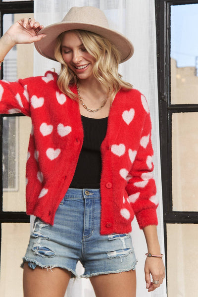 LOVELY HEART FUZZY SWEATER CARDIGAN- LESW3423: RED/IVORY / S-M-L(2-2-2)