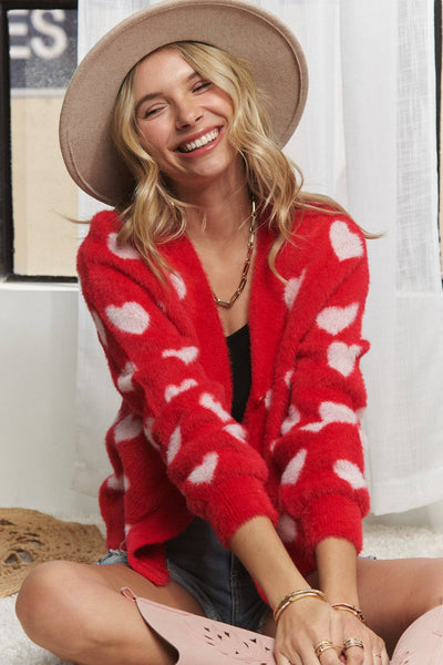 LOVELY HEART FUZZY SWEATER CARDIGAN- LESW3423: RED/IVORY / S-M-L(2-2-2)