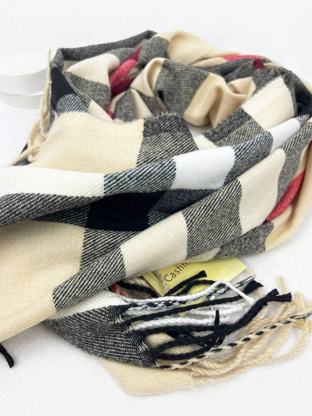 Wool Plaid Cashmere Scarf With Tassel: Beige / ONE