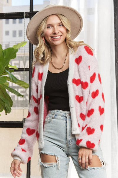 LOVELY HEART FUZZY SWEATER CARDIGAN- LESW3423: RED/IVORY / S-M-L(2-2-2)