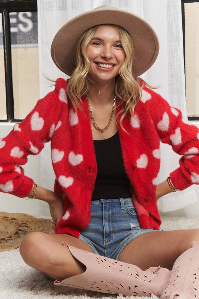 LOVELY HEART FUZZY SWEATER CARDIGAN- LESW3423: RED/IVORY / S-M-L(2-2-2)