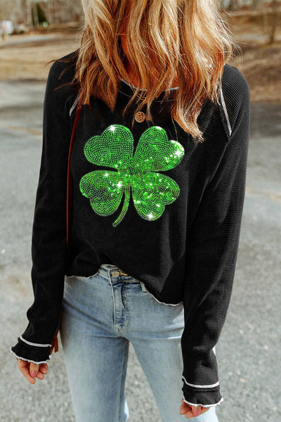 LDC Sequin Four Leaf Clover Contrast Lettuce Trim Top: Black / M