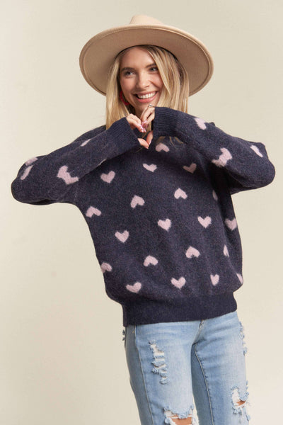 LESW3205X- 2x PLUS SIZE HEART CUTESY SWEATER TOP: NAVY