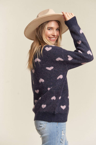 LESW3205X- 2x PLUS SIZE HEART CUTESY SWEATER TOP: NAVY