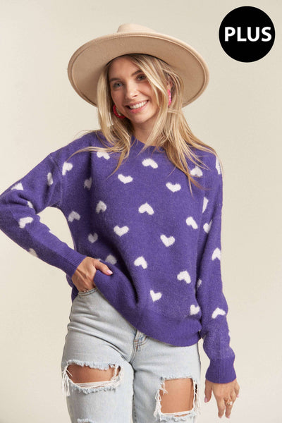 LESW3205X-1x PLUS SIZE HEART CUTESY SWEATER TOP: NAVY