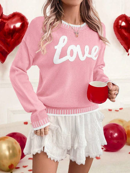 LDC Valentine Love Chenille Letter Graphic Sweater: Fiery Red / L