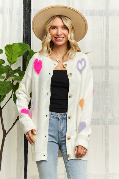 HEART SWEATER CARDIGAN- LESW3249: OFF WHITE / S-M-L(2-2-2)