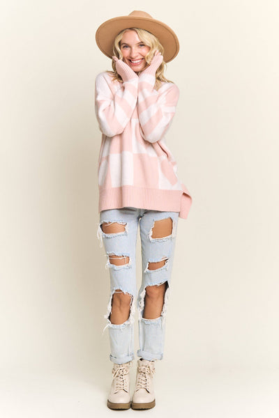 CHECKERED HEART GRAPHIC KNIT SWEATER- LESW4056: IVORY/BLUSH / S-M-L(2-2-2)
