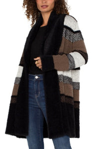 Liverpool long sleeve open front shawl sweater coat, Blk/Tan