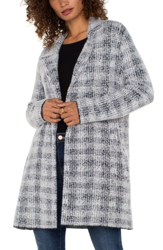 Liverpool long sleeve open front sweater coat, Grey/Wht Plaid