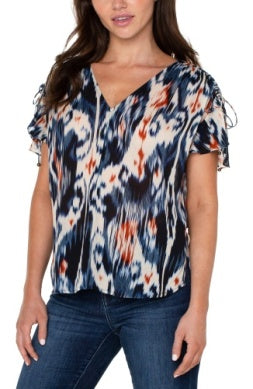 Liverpool Shirred V-Neck Top with Tie Details