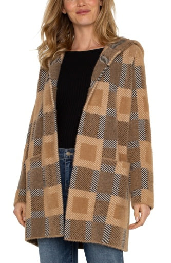 long sleeve open front sweater coat w / hood
