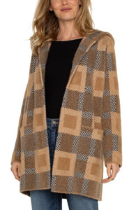 long sleeve open front sweater coat w / hood