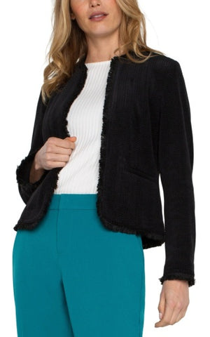 collarless jacket w frayed edges