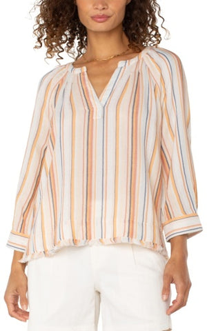 3/4 slv pleated raglan woven top w/fray hem