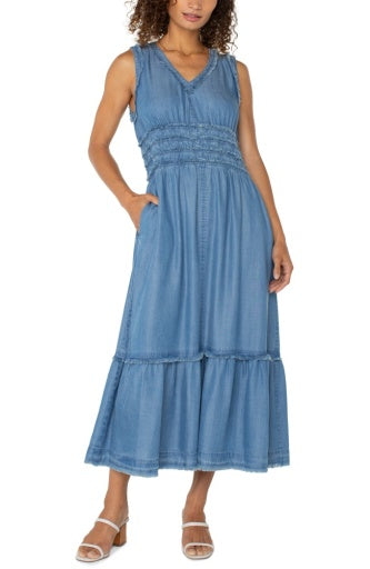 smocked v neck fray maxi dress