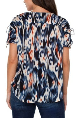 Liverpool Shirred V-Neck Top with Tie Details