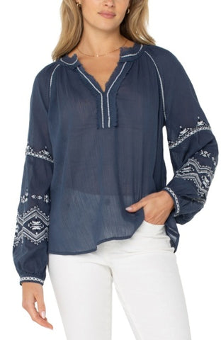 Liverpool, long slv raglan woven blouse w emb