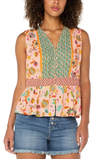 sleeveless woven top w smocked waist