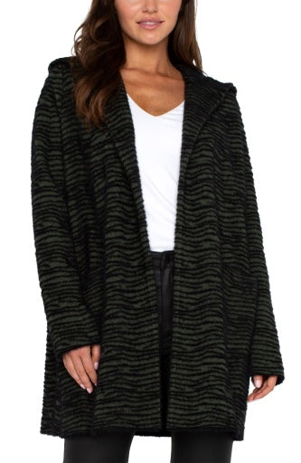 Liverpool long sleeve open front sweater coat w hood, Olive Stripe