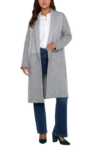 Liverpool long sleeve open front shawl sweater coat, Grey Pattern