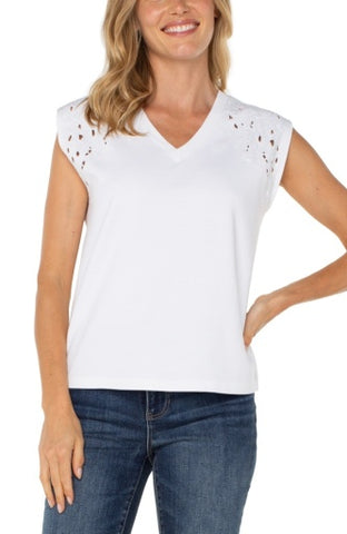 Liverpool cap slv dolman v neck knit top w embroidery