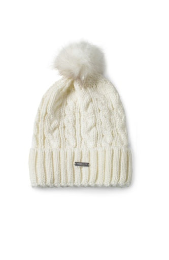 cable knit beanie w faux fur pouf