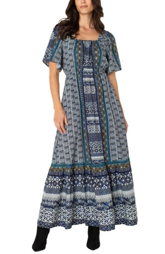elbow slv square neck woven maxi dress