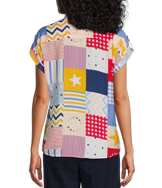 Multiples Americana Patchwork Print Crinkle Woven Point Collar Button Tab Cap Cuffed Dolman Sleeve Button Front Shirt