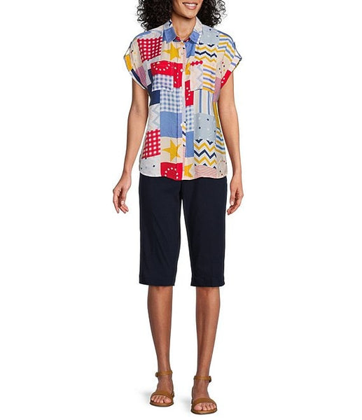 Multiples Americana Patchwork Print Crinkle Woven Point Collar Button Tab Cap Cuffed Dolman Sleeve Button Front Shirt