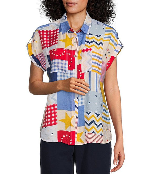 Multiples Americana Patchwork Print Crinkle Woven Point Collar Button Tab Cap Cuffed Dolman Sleeve Button Front Shirt