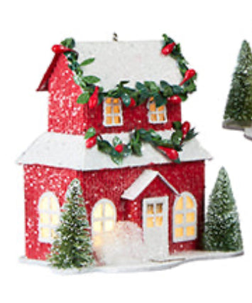 Red Lighted Paper House Ornament