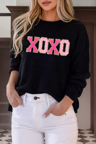 Round Neck Casual Sweater XOXO: Black / Missy / M