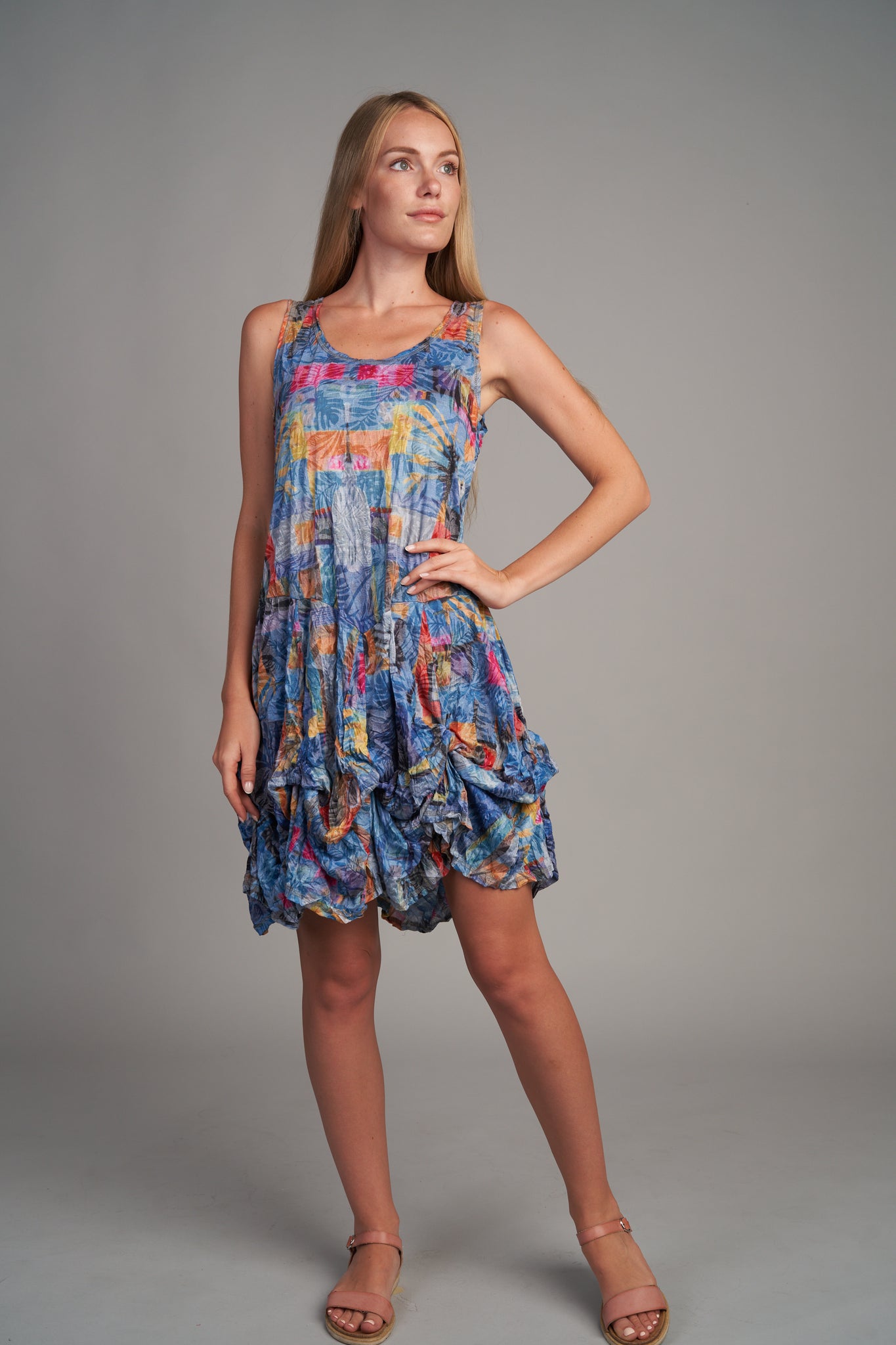 Shana Apparel Crinkle Short Bubble Dress - Blue House Citrus and Moss Shana Apparel Crinkle Short Bubble Dress - Blue House Citrus and Moss