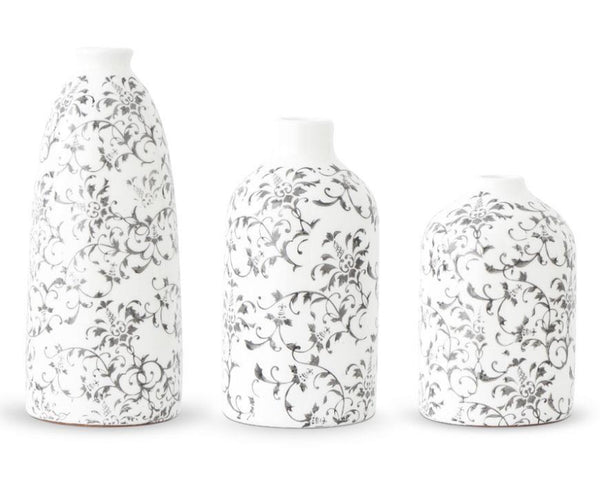 Cream Ceramic Vase with Gray Vine Pattern