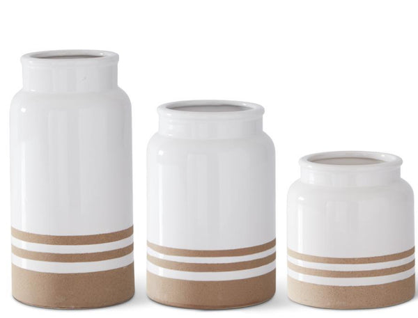 White with Tan Stripes Ceramic Vase