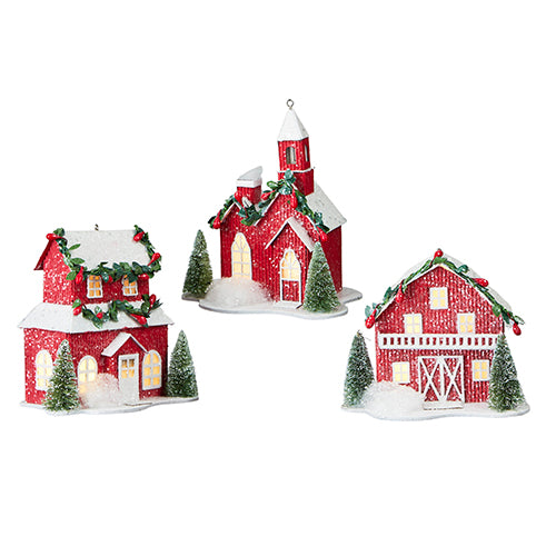 Red Lighted Paper House Ornament