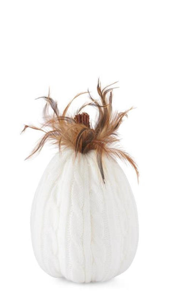 White Cable Knit Pumpkin with Wood Stem & Feathers