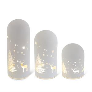 Matte White LED Glass Domes W/Deer and Trees