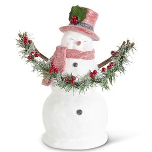 13.75 Inch Sugar Glittered Snowman Holding Garland w/ Red Top Hat