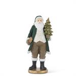 13 Inch Dark Green Velvet Resin Santa w/Gold Glittered Christmas Tree