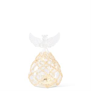 5.25 Inch Clear Glass LED Angel w/Lattice Gold Beads