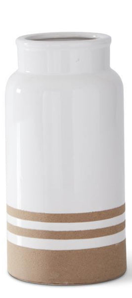 White with Tan Stripes Ceramic Vase