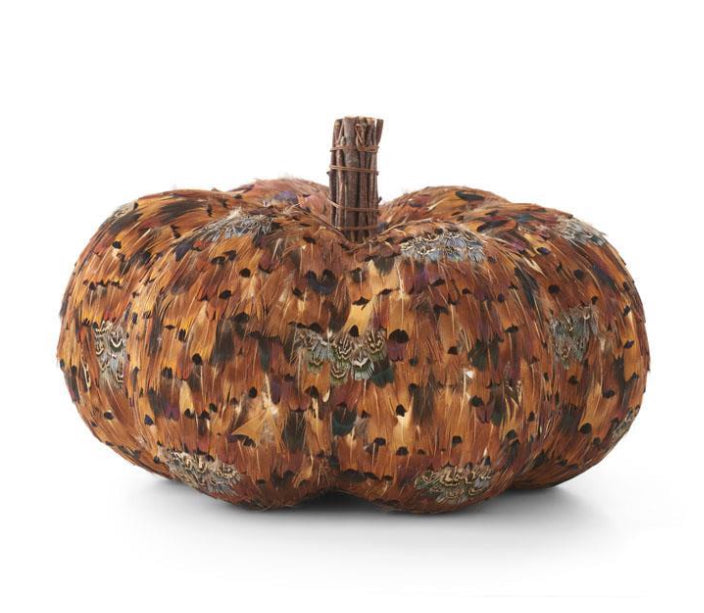 Orange & Brown Feather Pumpkin with Twig Stem